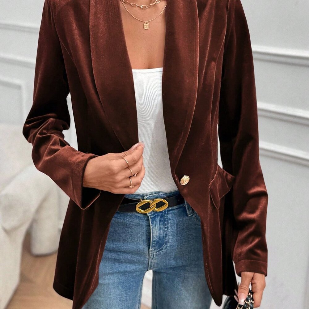 Brown Elegant Women's Velvet Blazer - Picture 4 of 8